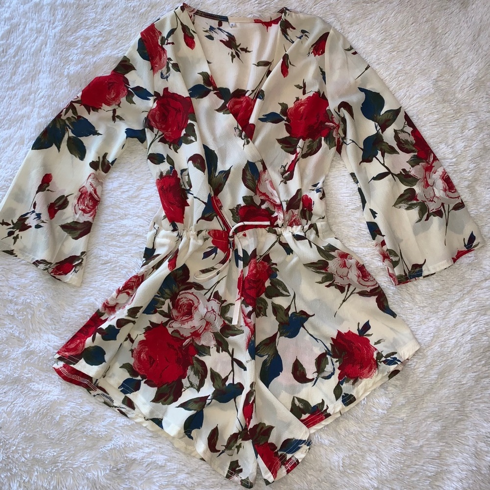 Rose Floral Print Deep Cut Romper